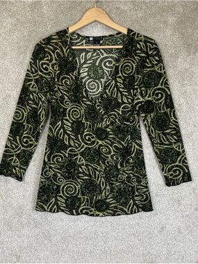 Carole Little Shirt Womens Small Green Black Pullover Stretch Wrap Style- 4531